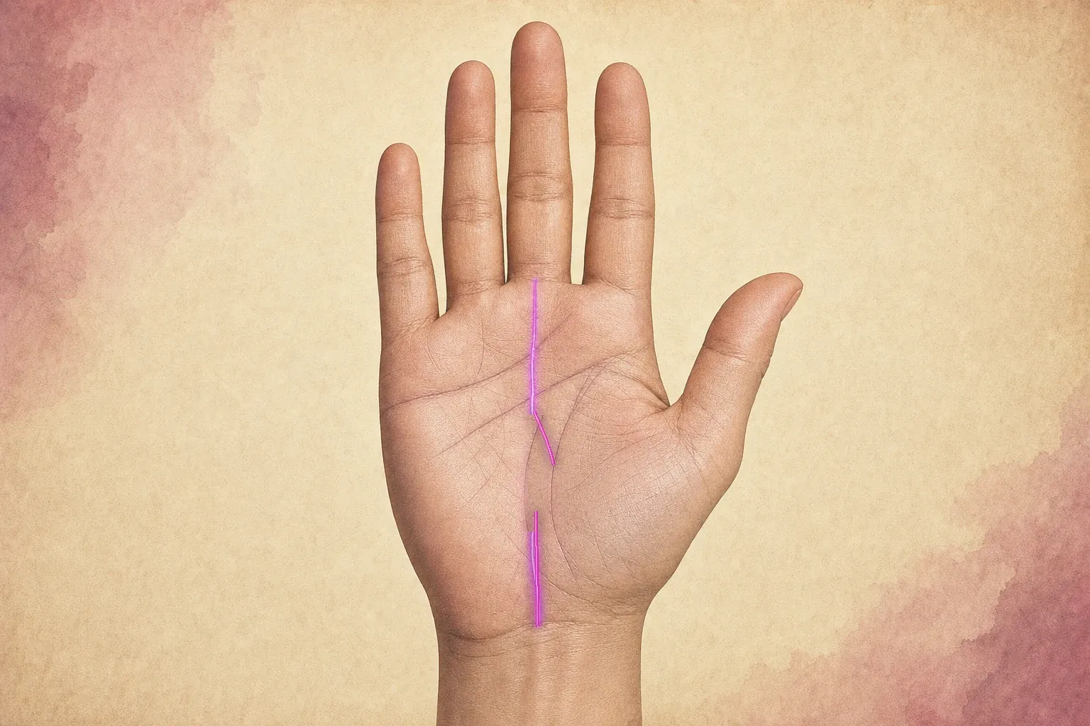 Fate line stopping in the lower palm with a visible gap before a shifted continuation rises toward Saturn