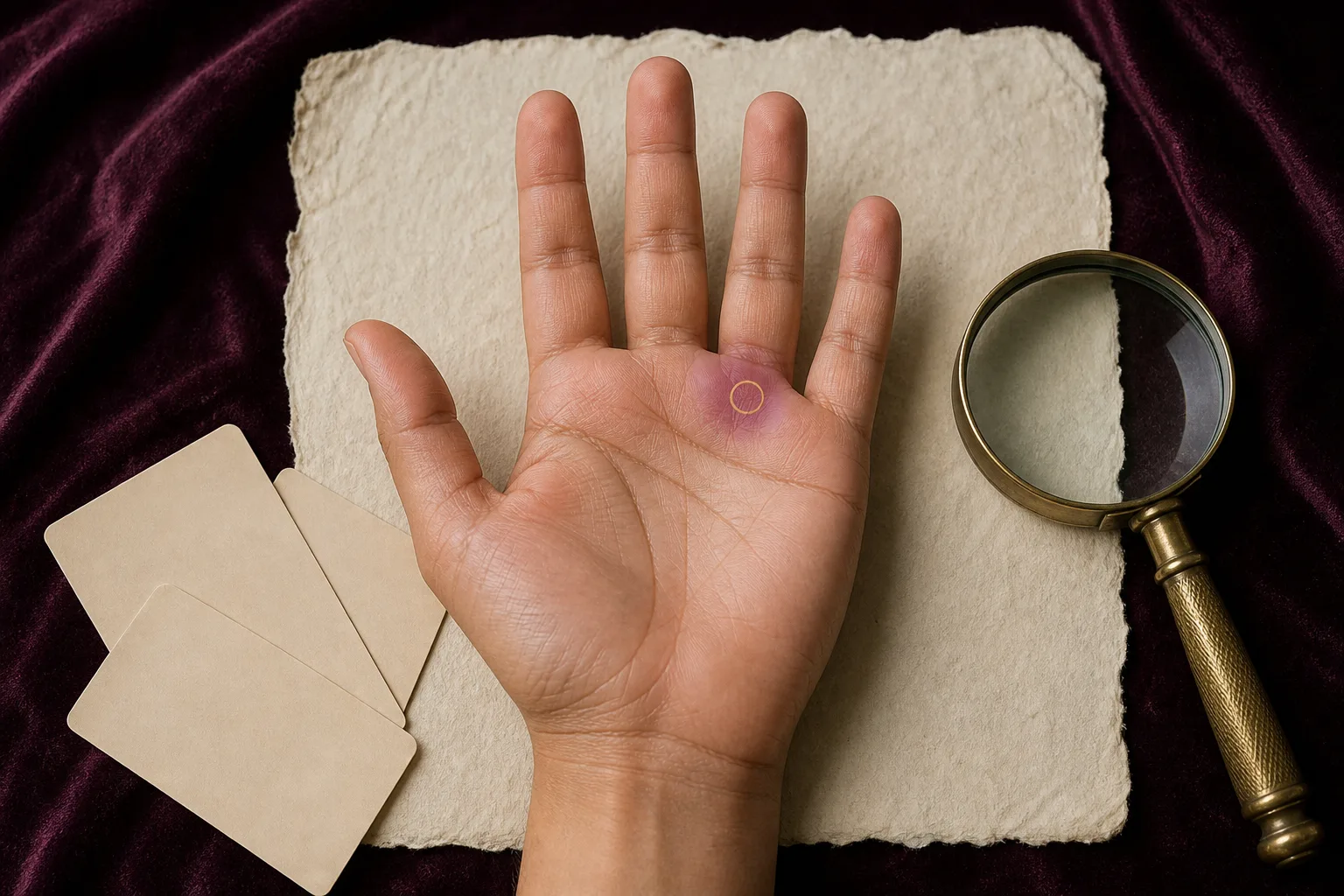 Right palm with one small closed circular crease highlighted on the Apollo mount below the ring finger