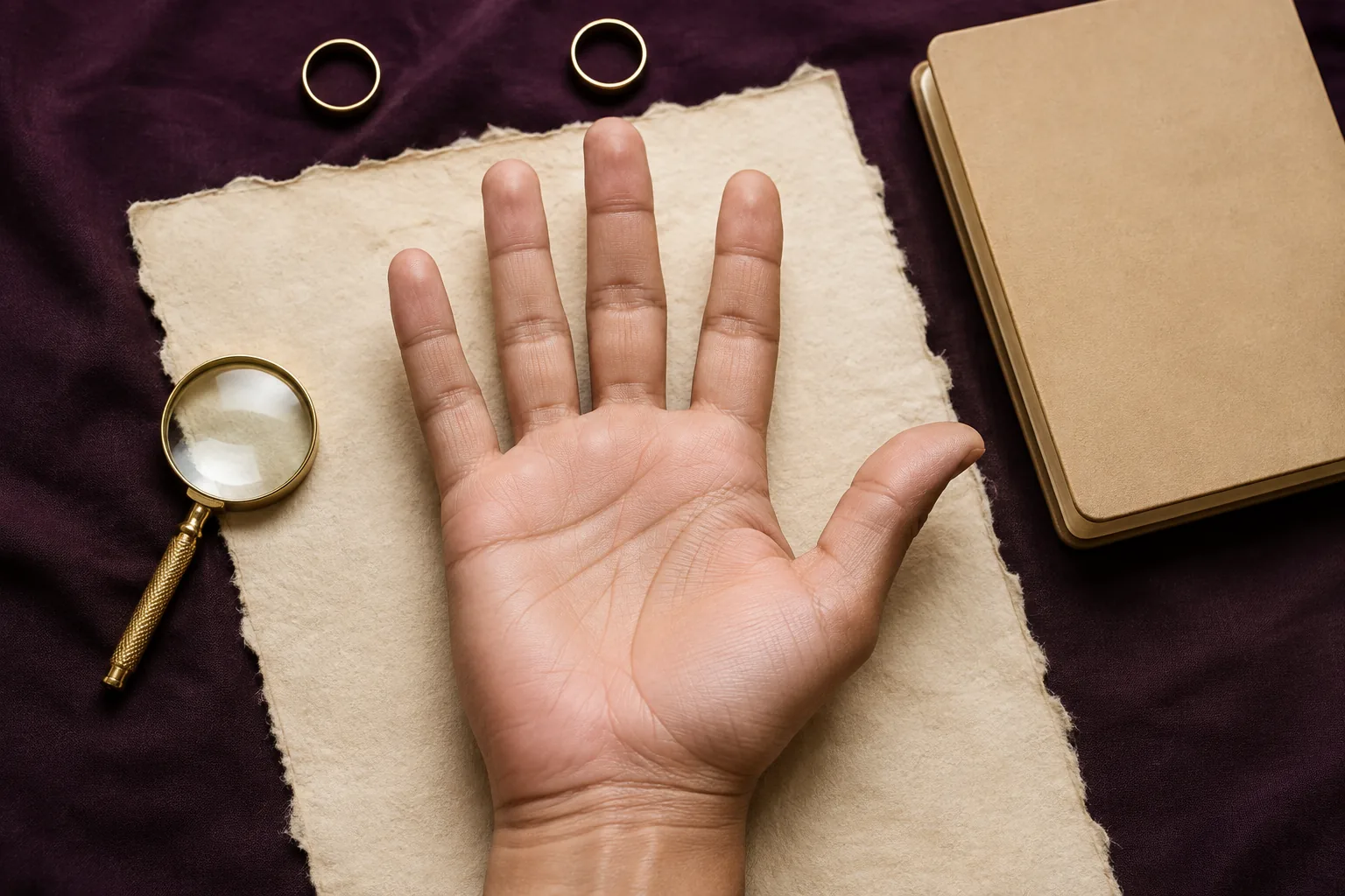 Open right palm beside two separated rings and a magnifying glass for examining relationship markings