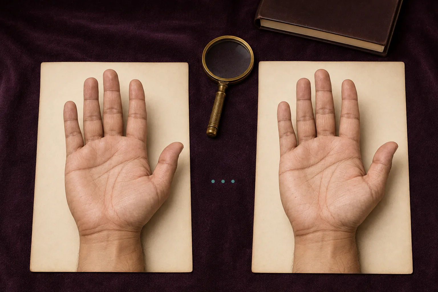 Two photographs of the same right palm placed side by side to compare its major and minor lines over time