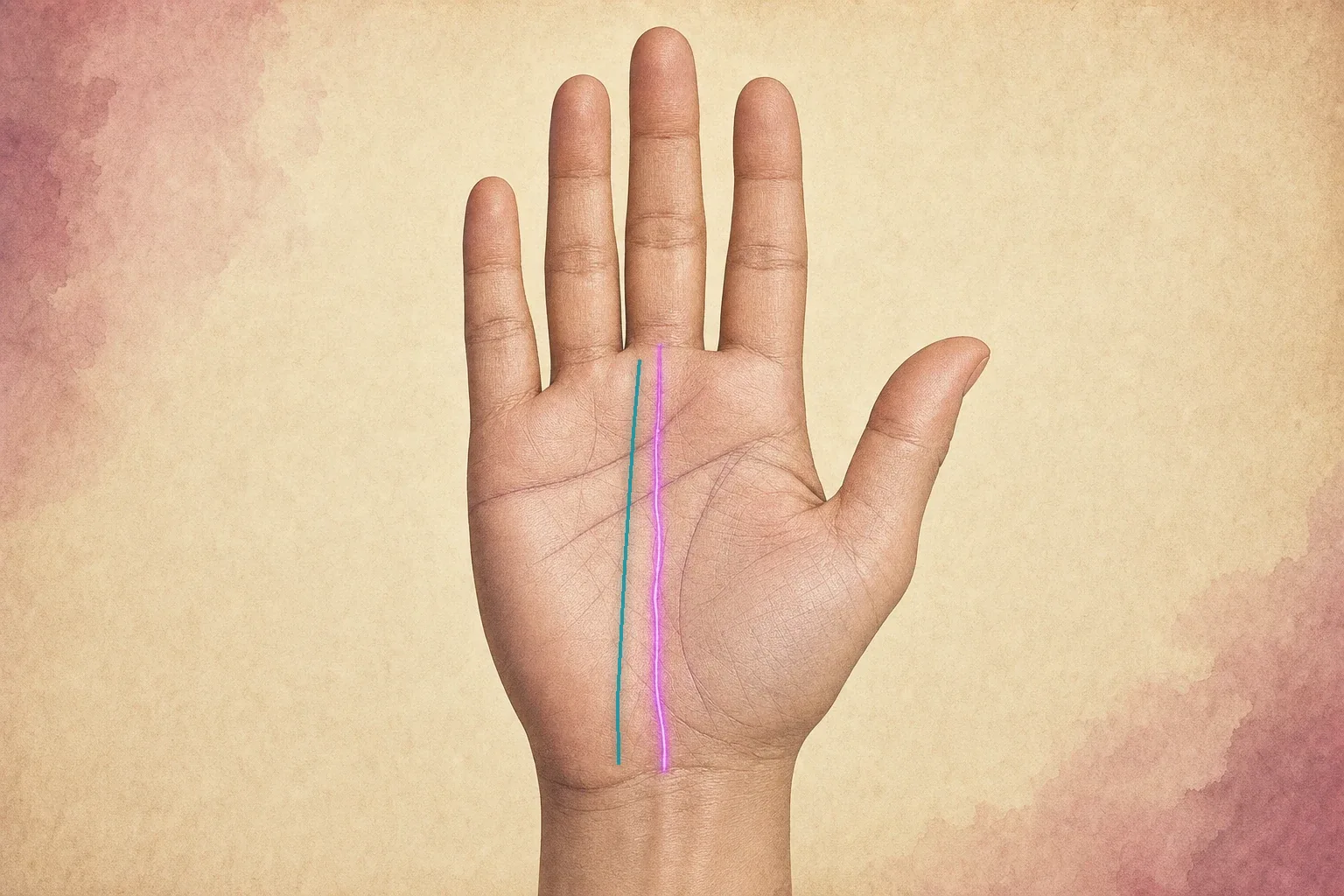 Two separate vertical fate-line routes highlighted in teal and violet toward Saturn below the middle finger