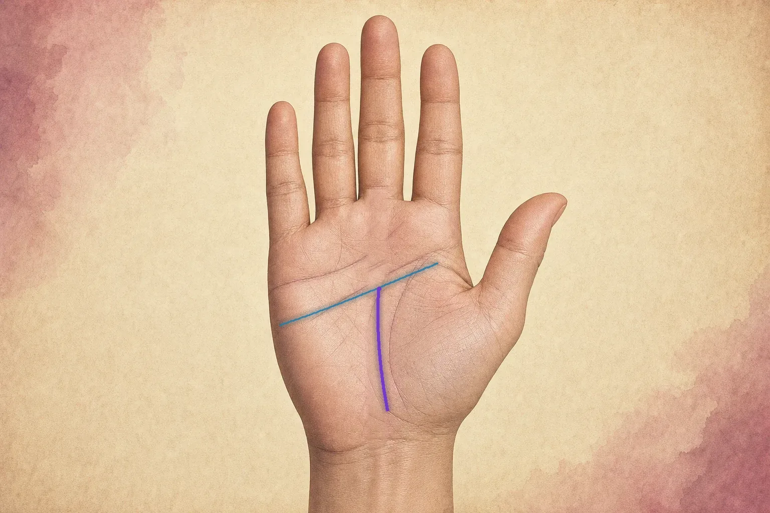 Violet fate line rising through the lower palm and stopping where it meets the blue head line