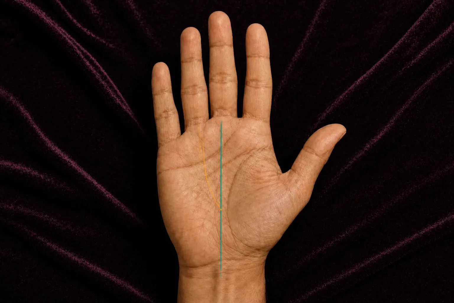 Gold Sun line branching from a teal Fate line and rising toward Apollo below the ring finger