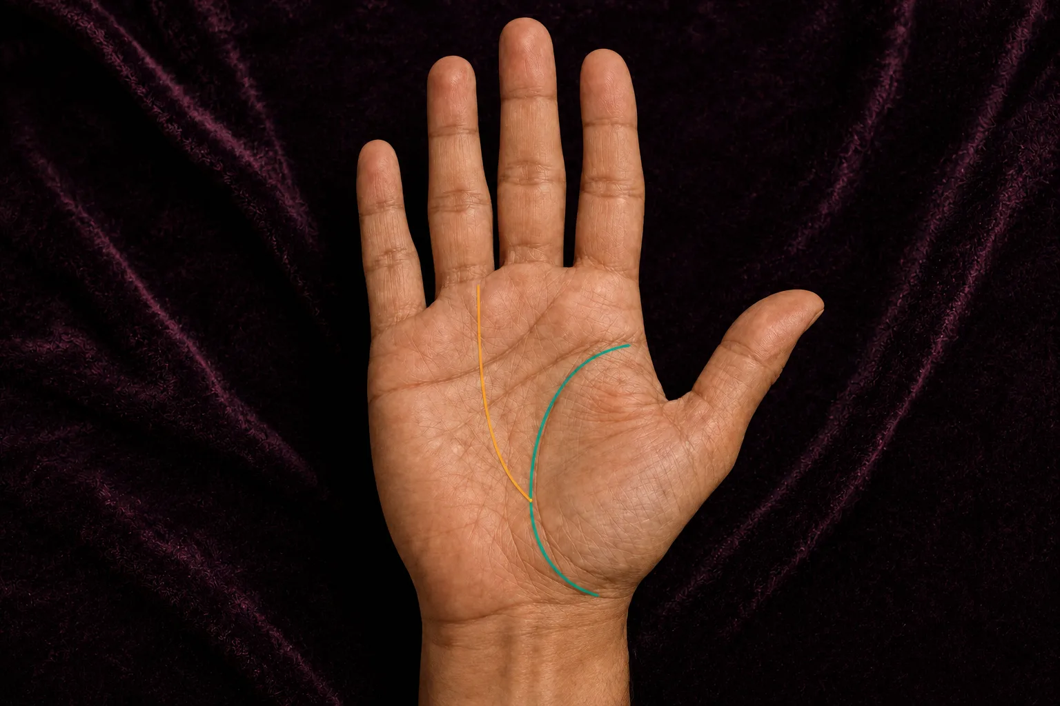 Gold Sun line rising from a teal life line and ending on Apollo below the ring finger