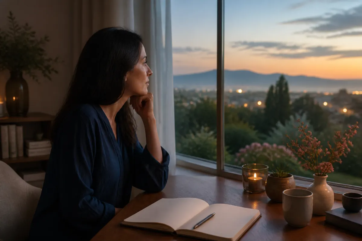Woman looking through a window at dusk beside an open blank journal