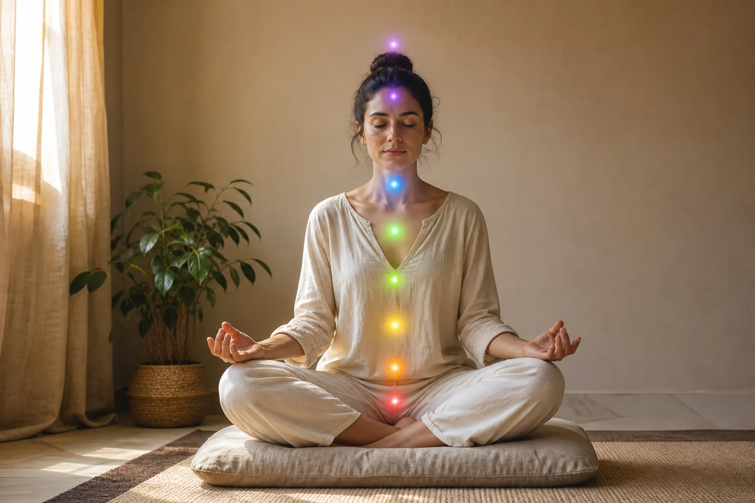 Woman seated in meditation with seven small abstract colored points of light aligned vertically as a symbolic chakra motif