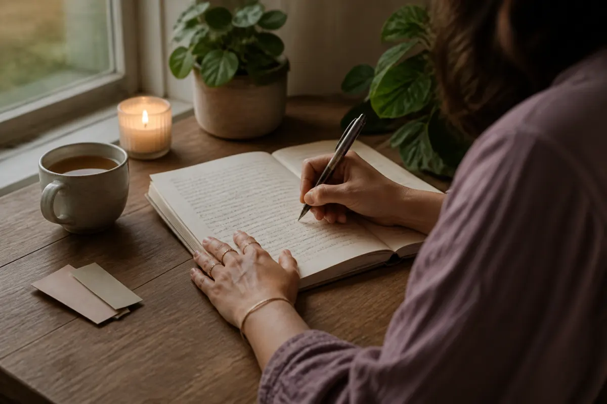 Woman writing in an open journal beside tea and a candle in a quiet window-side space