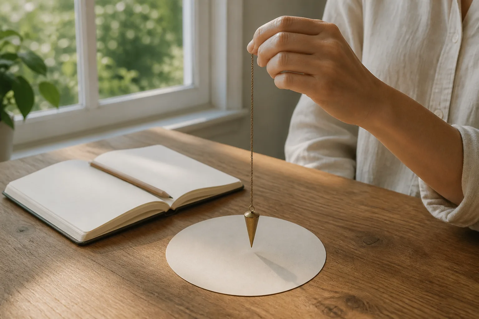 Hand holding a plain brass pendulum over a blank circular guide beside an open journal on a sunlit wooden table