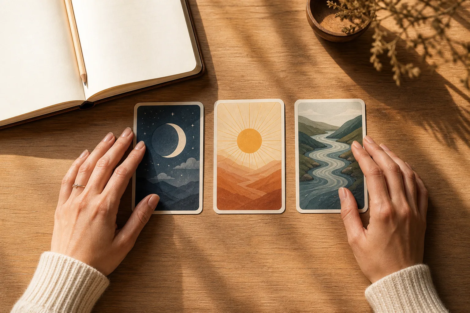 Two hands arranging three wordless illustrated Tarot-inspired cards beside an open blank journal on a wooden table