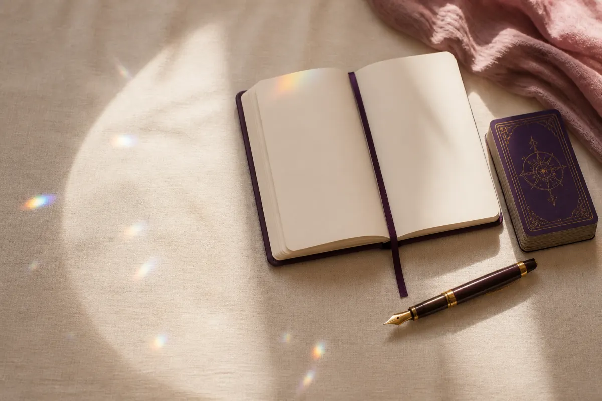Open journal and Tarot deck resting in warm morning light
