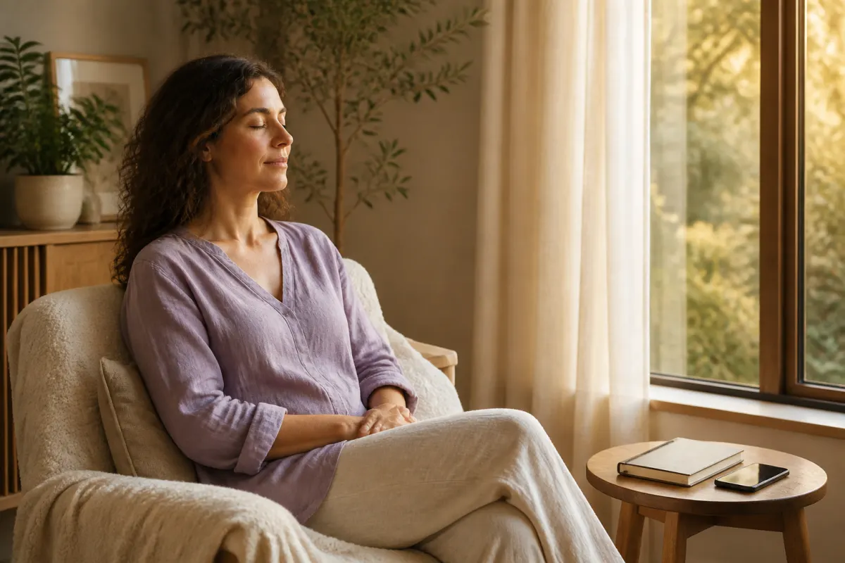 Woman sitting quietly beside a window with a closed journal and phone resting nearby