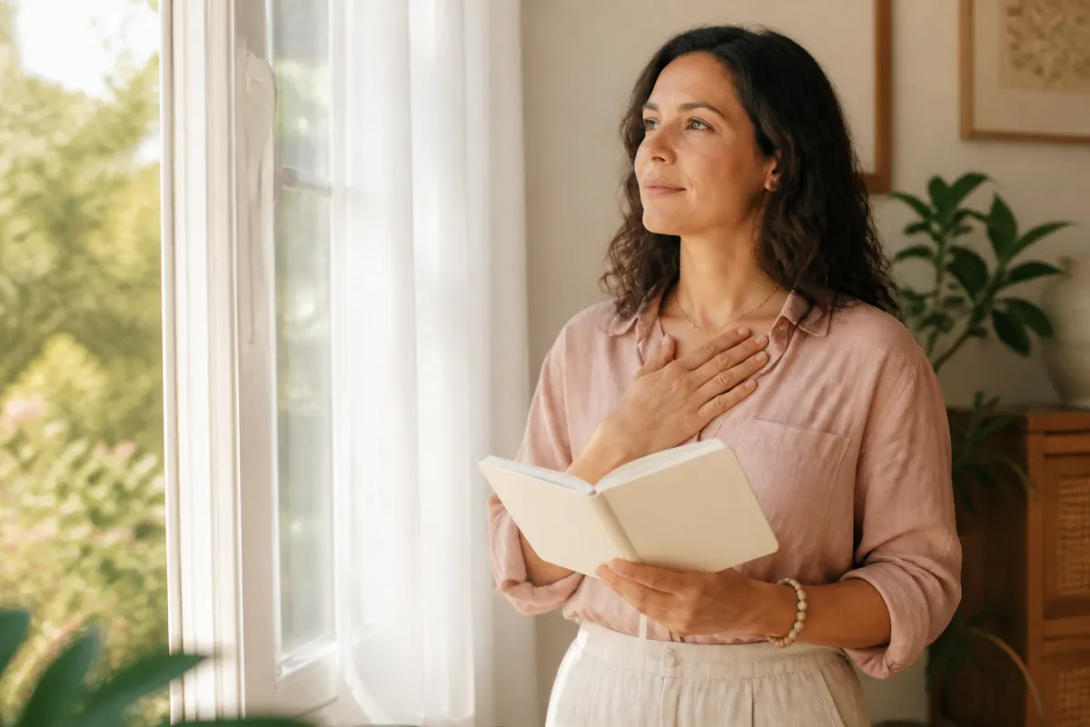 Woman holding an open blank journal near a bright window during a quiet reflective moment