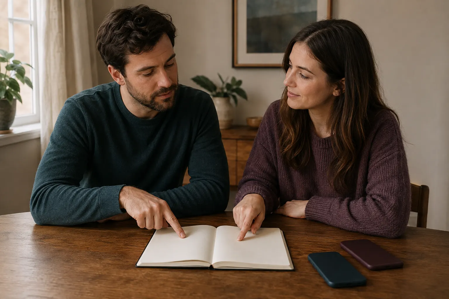 Couple collaboratively discussing friendship boundaries over a blank notebook