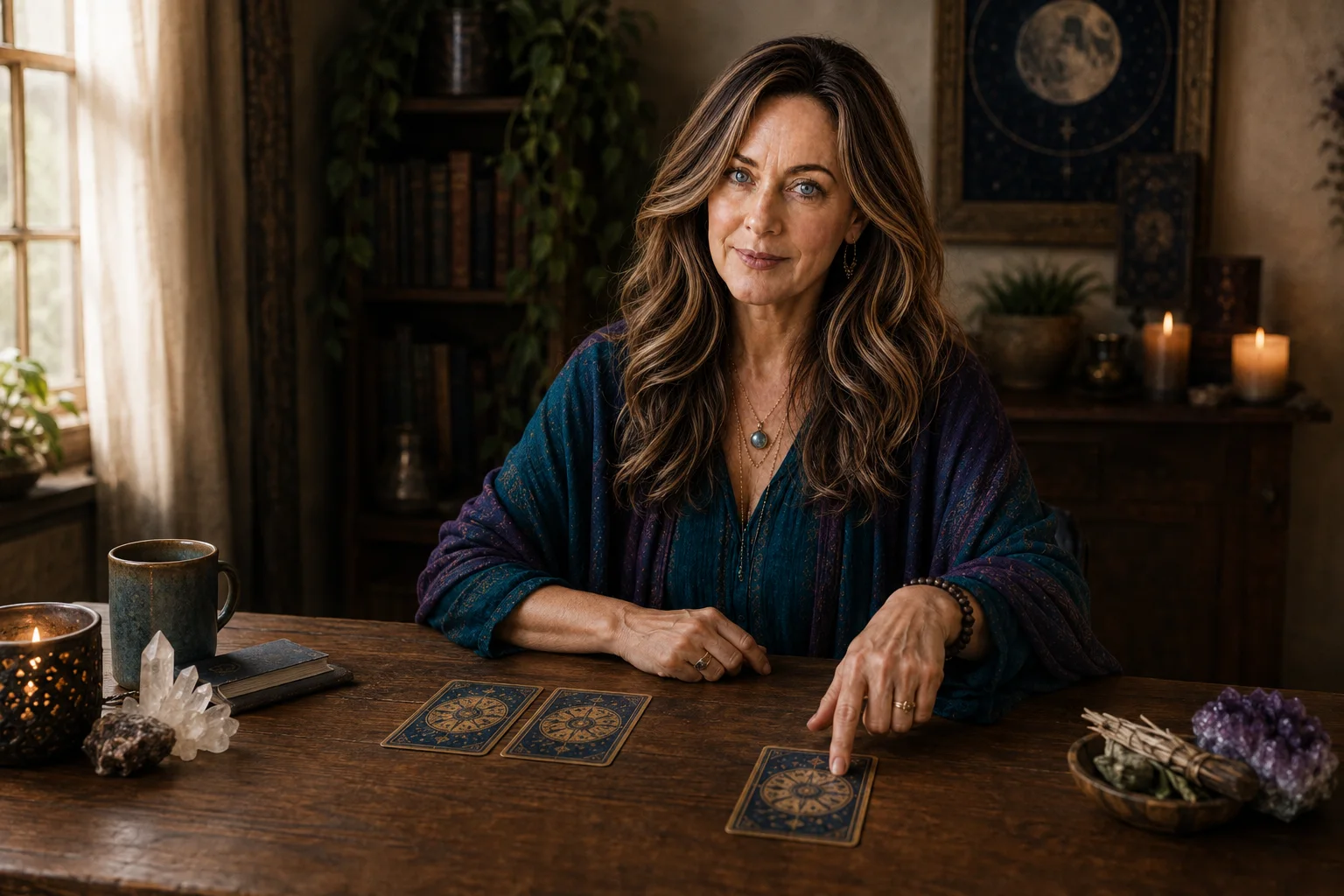 Maria indicating one card separated from two others on her wooden reading table