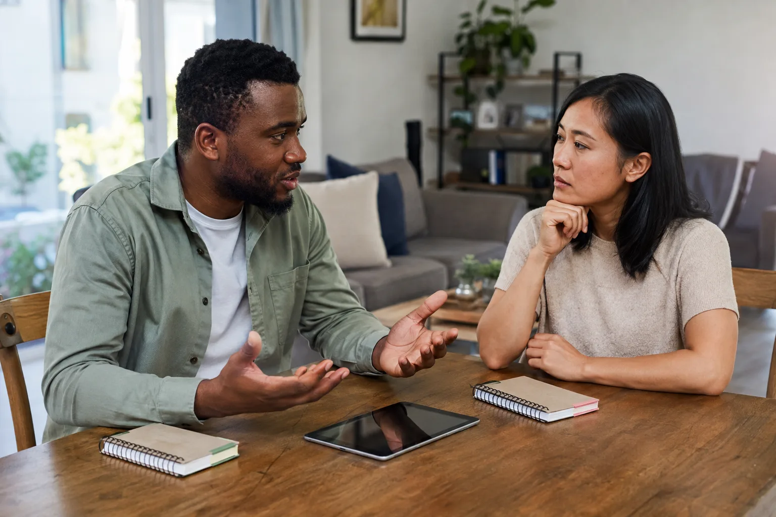 A couple respectfully discusses different political views at home