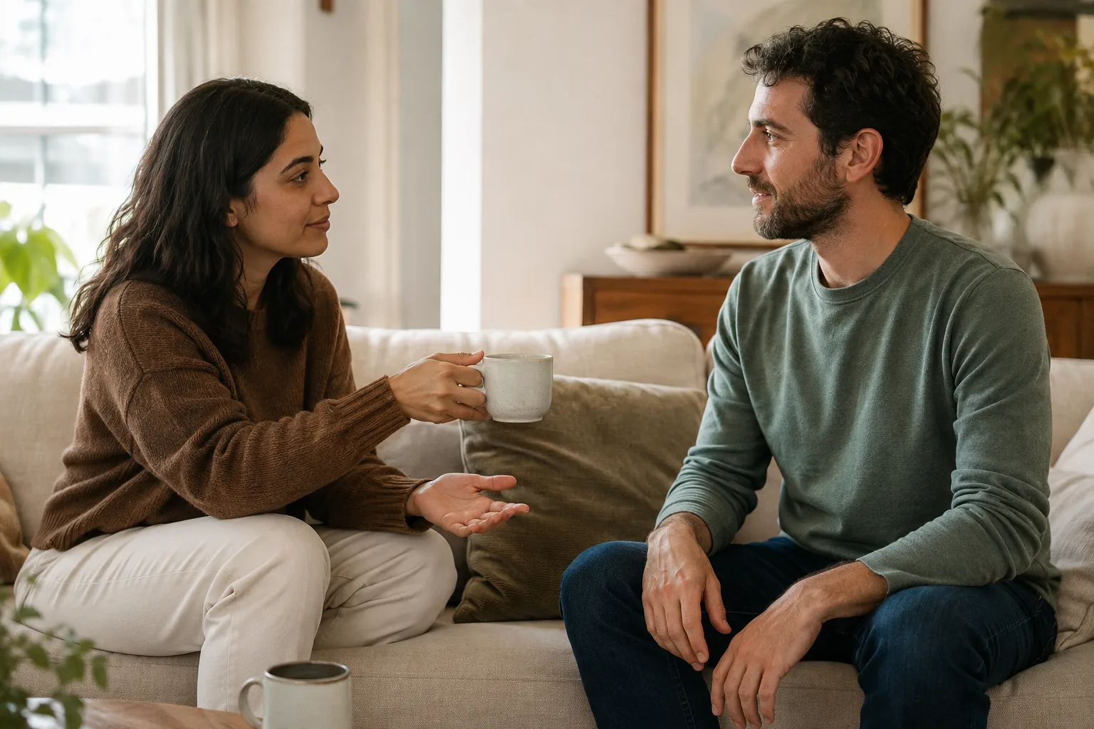 A couple has a calm next-day conversation while assessing their relationship after a major argument