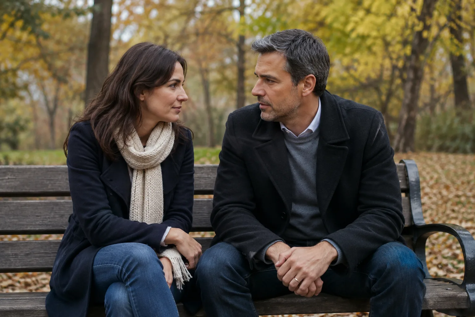A married man and another woman share an emotionally serious conversation on a park bench