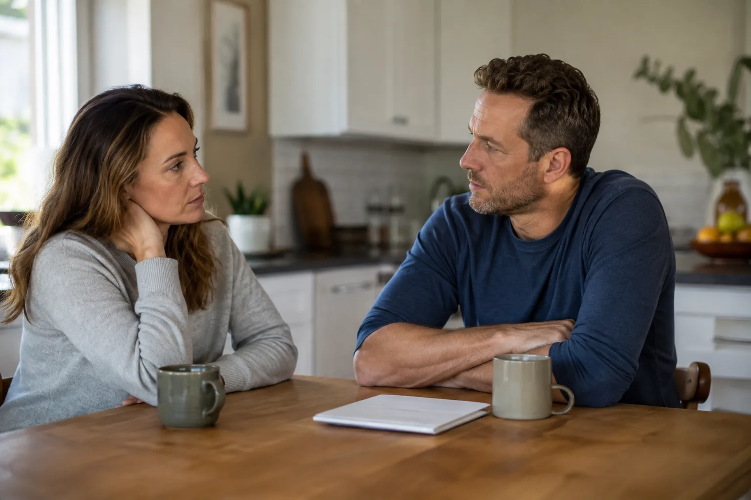 A separated married couple shares uncertain but gentle eye contact across a kitchen table