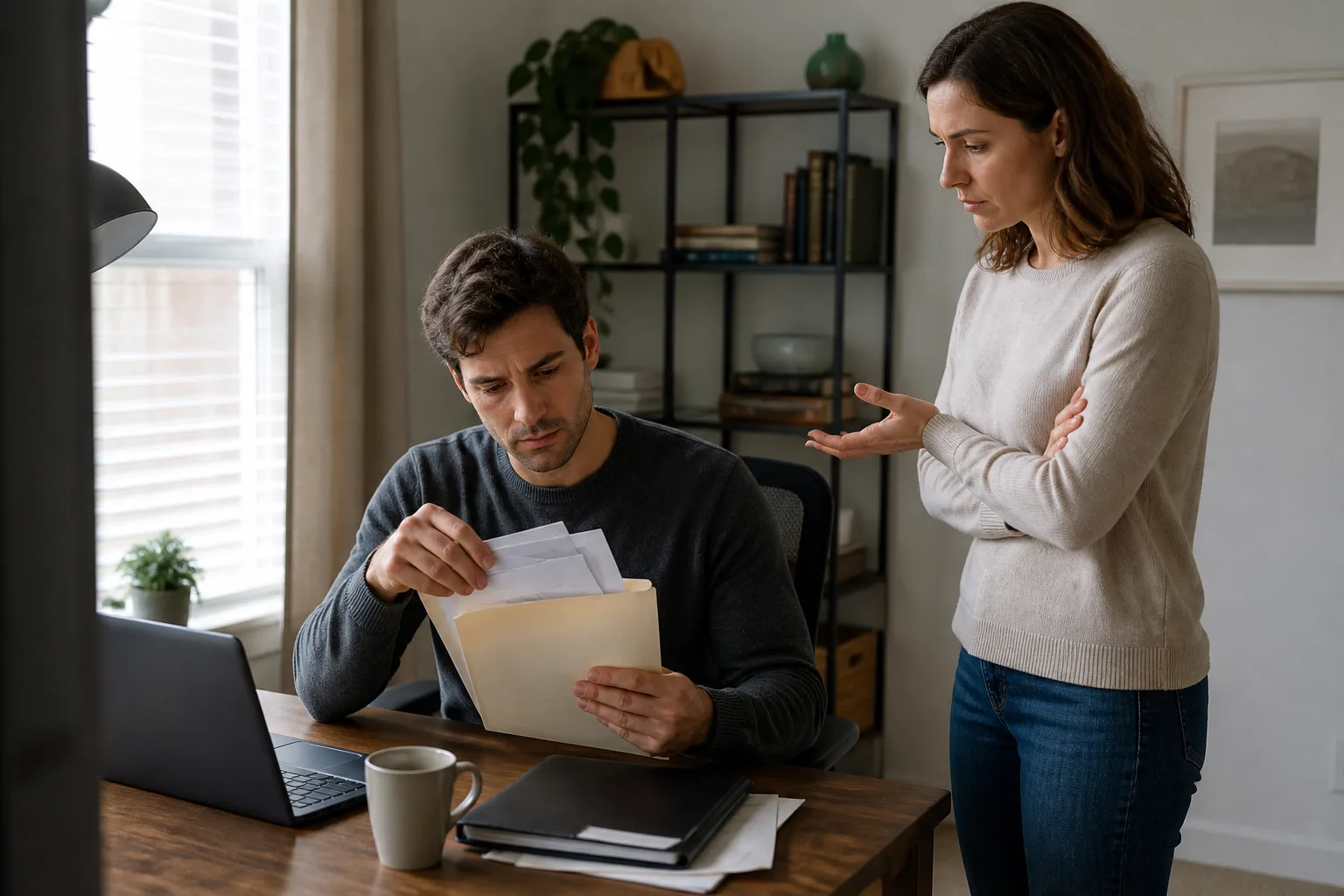 A couple has a serious conversation after finding plain envelopes behind a household folder
