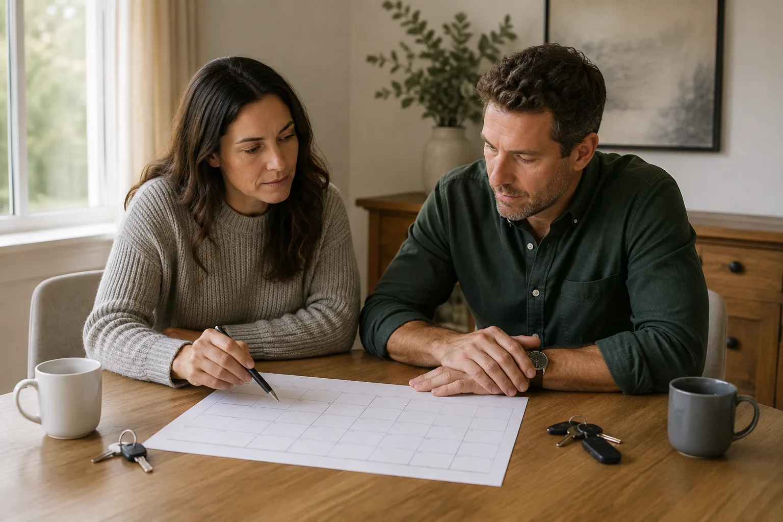 A married couple reviews a blank separation calendar with separate house keys on the table