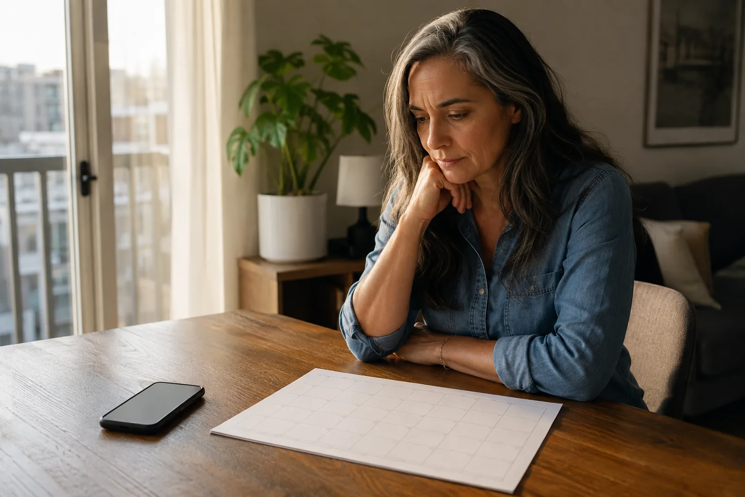 Woman considers a blank calendar beside a face-down phone at home