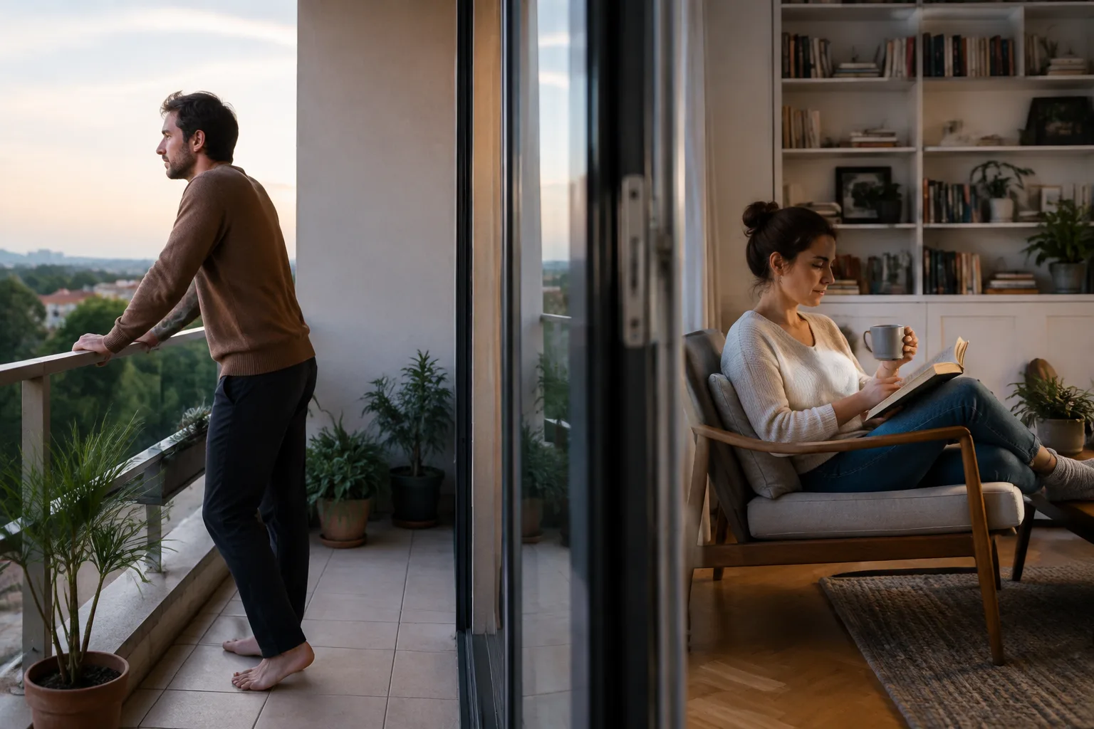 A couple takes a calm, defined break in separate parts of their home after an argument