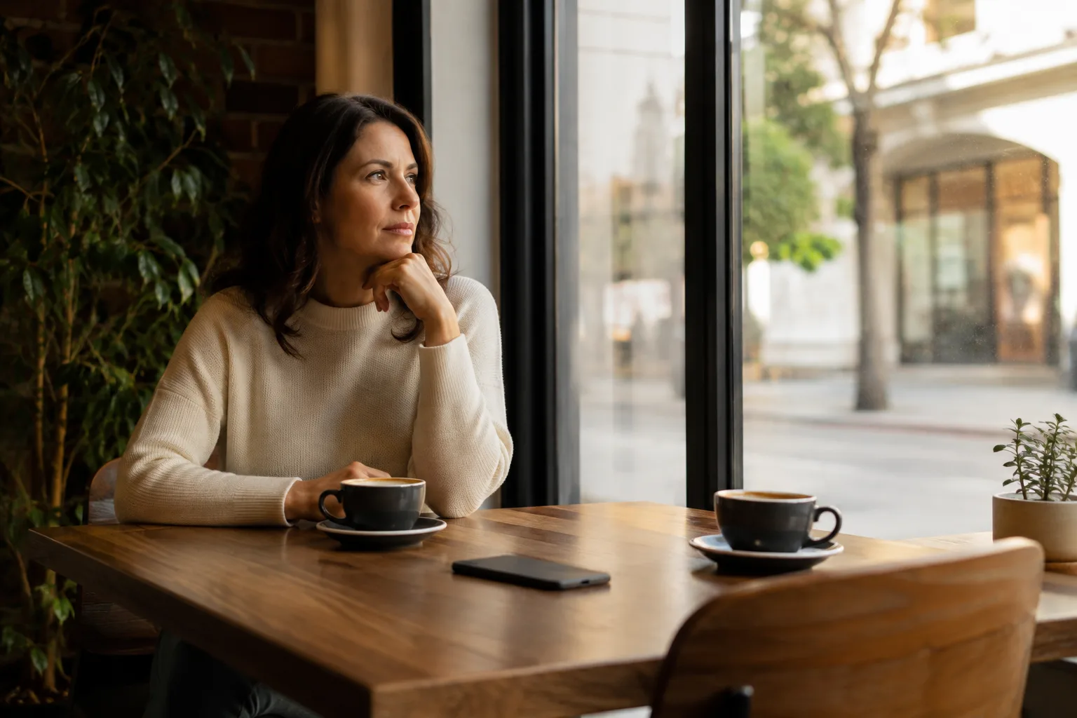 A woman waits alone at a cafe table with an untouched second coffee and her phone face-down
