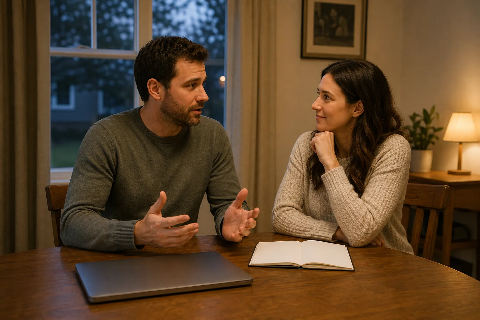 A couple begins a calm money conversation beside a closed laptop and blank notebook