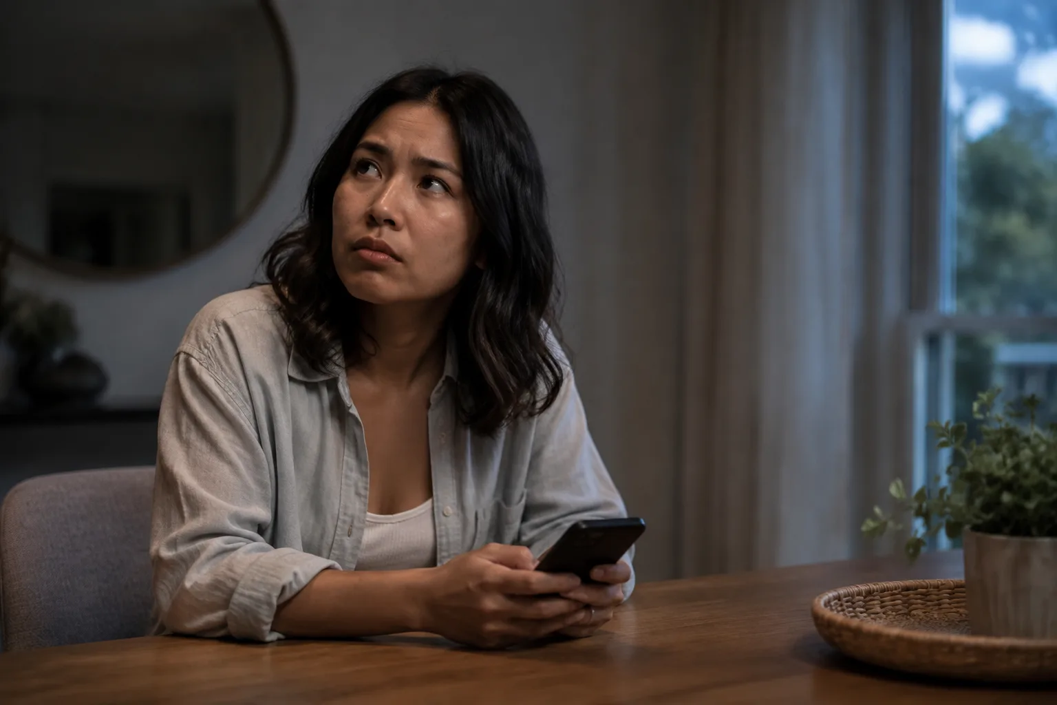 A woman holds her phone after an unexpected message and looks puzzled by the renewed silence