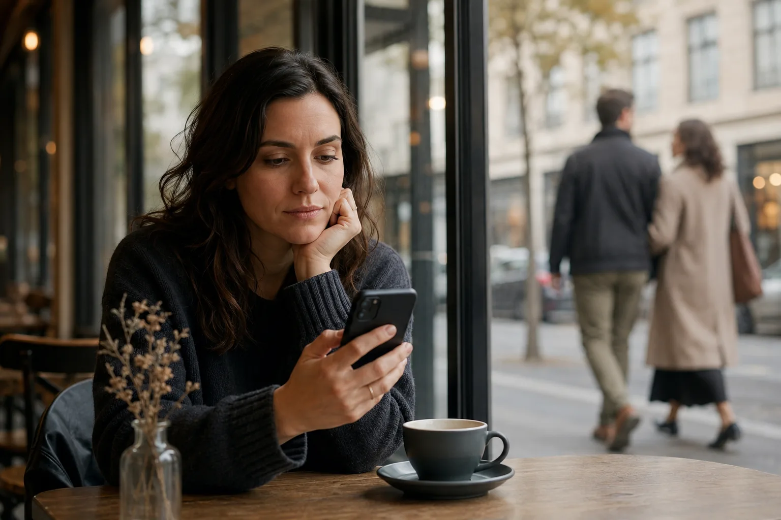A woman reads a message while her former partner walks outside with someone new