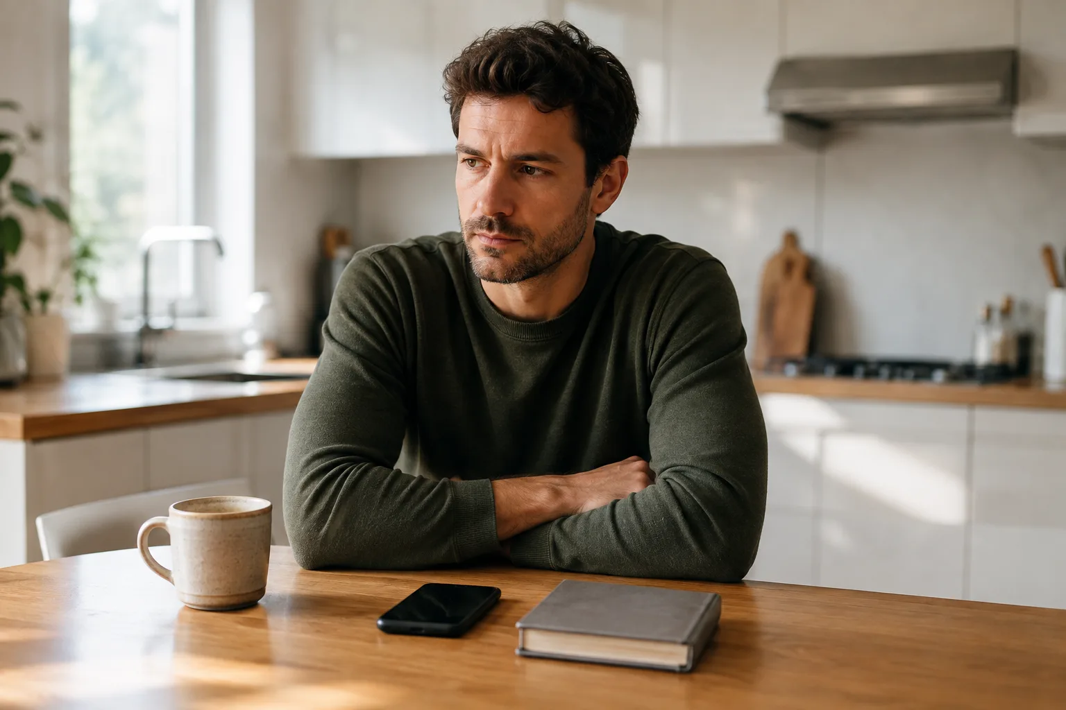 A man reflects on a past relationship at a sunlit kitchen table