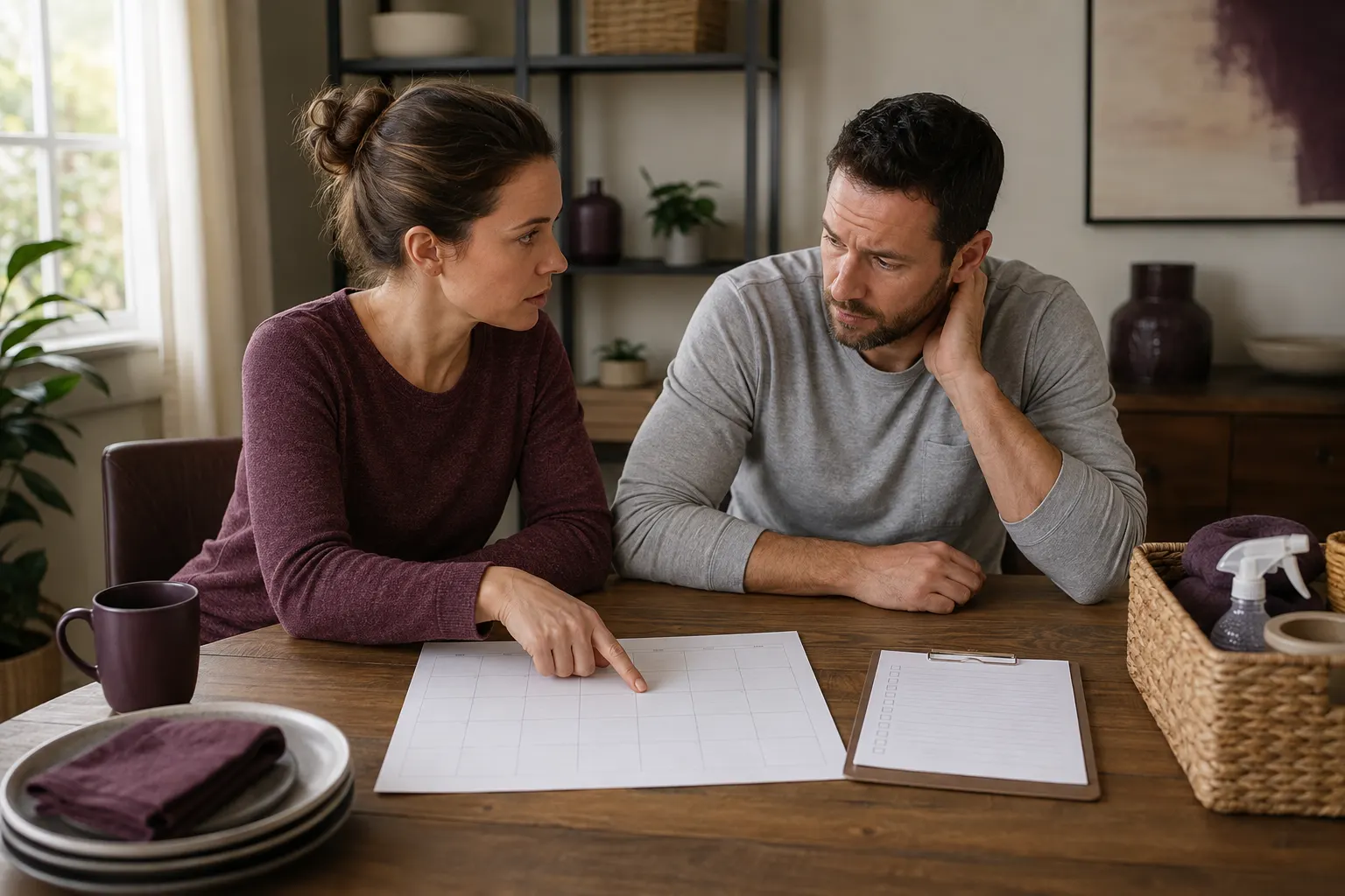 Adult reviewing an unresolved agreement with a partner at home
