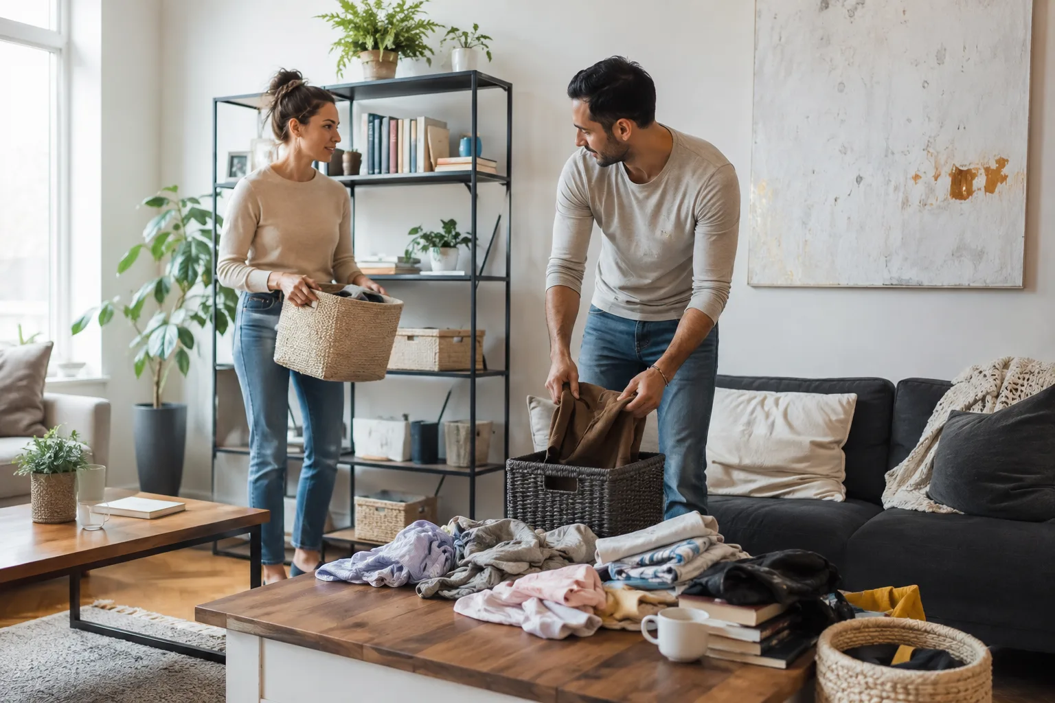 A couple organizes tidy and cluttered zones in their shared living room