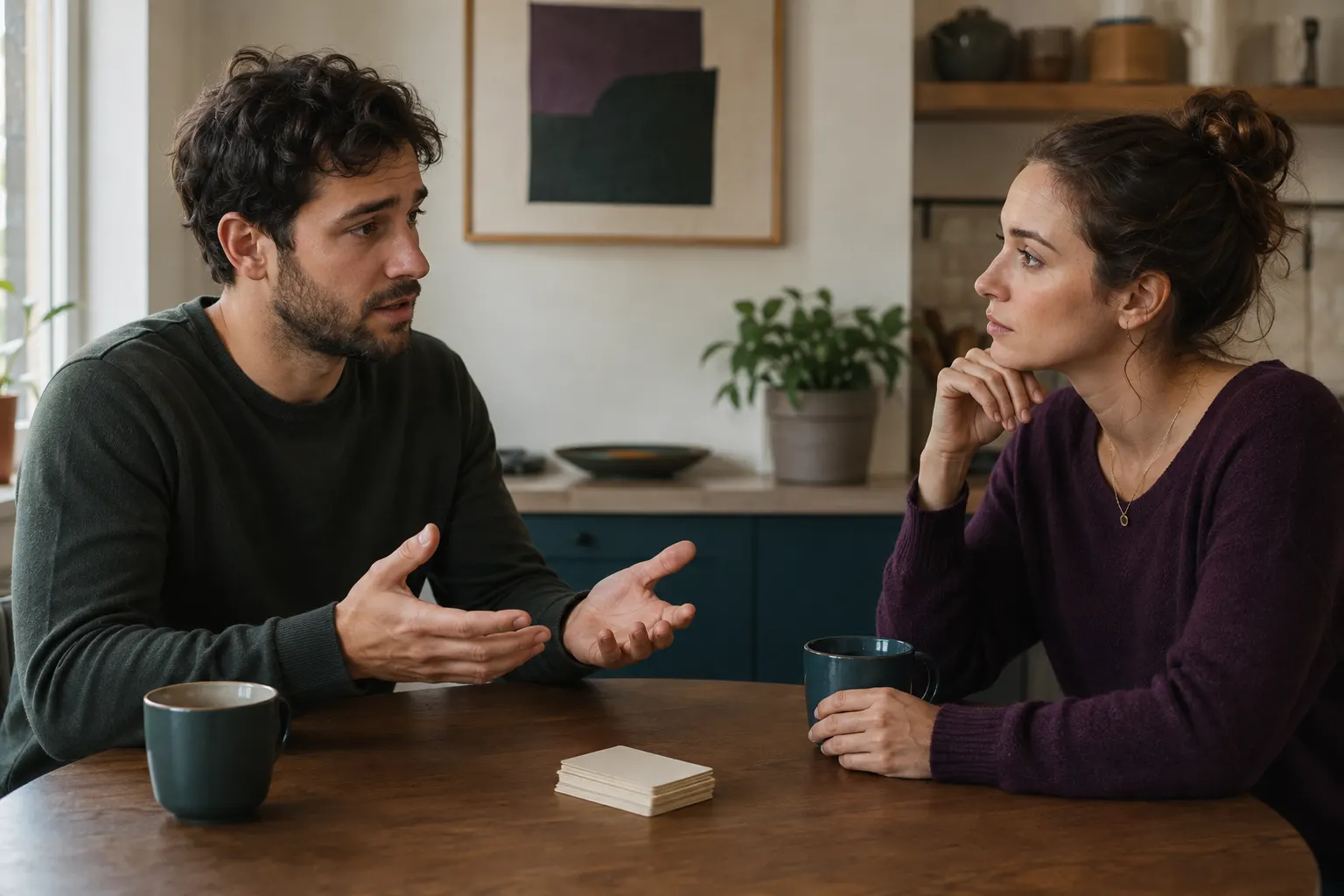 Couple carefully reviewing an inconsistent story during a calm conversation