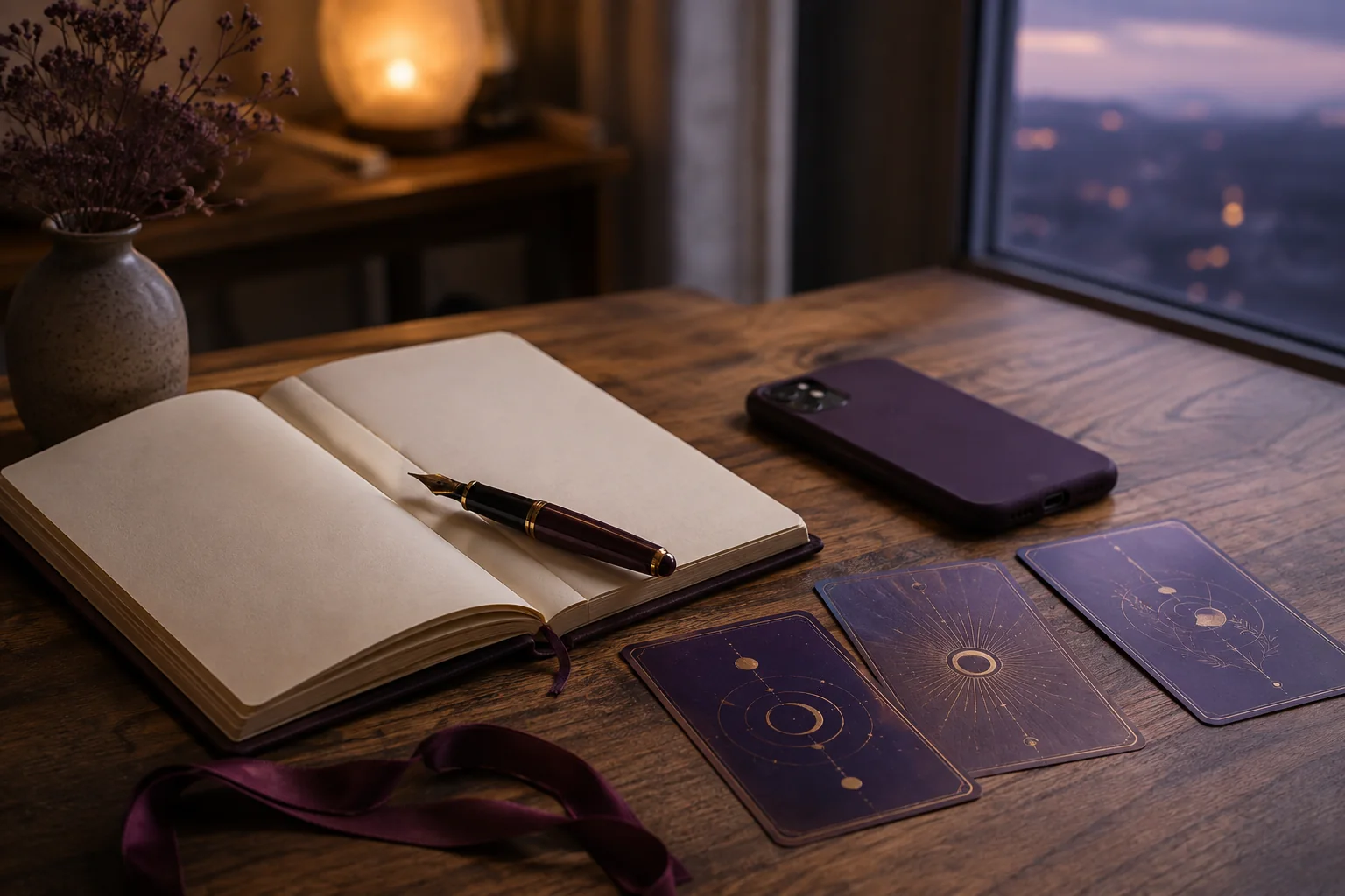 Open journal, face-down phone, and three purple reflection cards on a table after a breakup