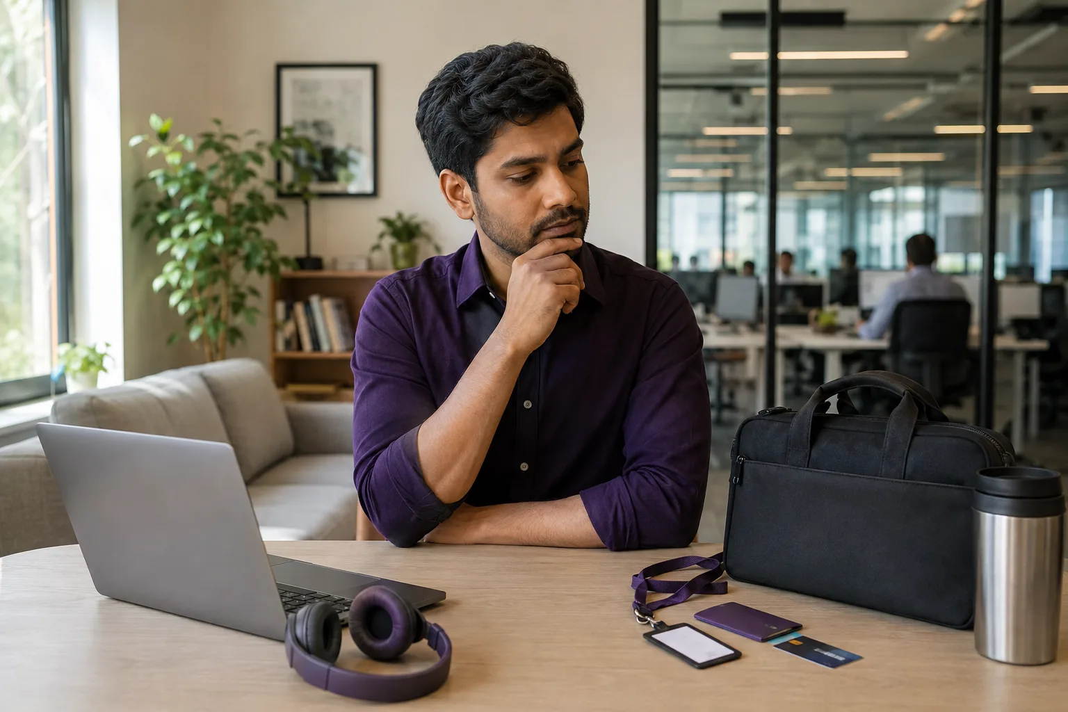 A professional weighs a quiet home-office setup against a busy modern office