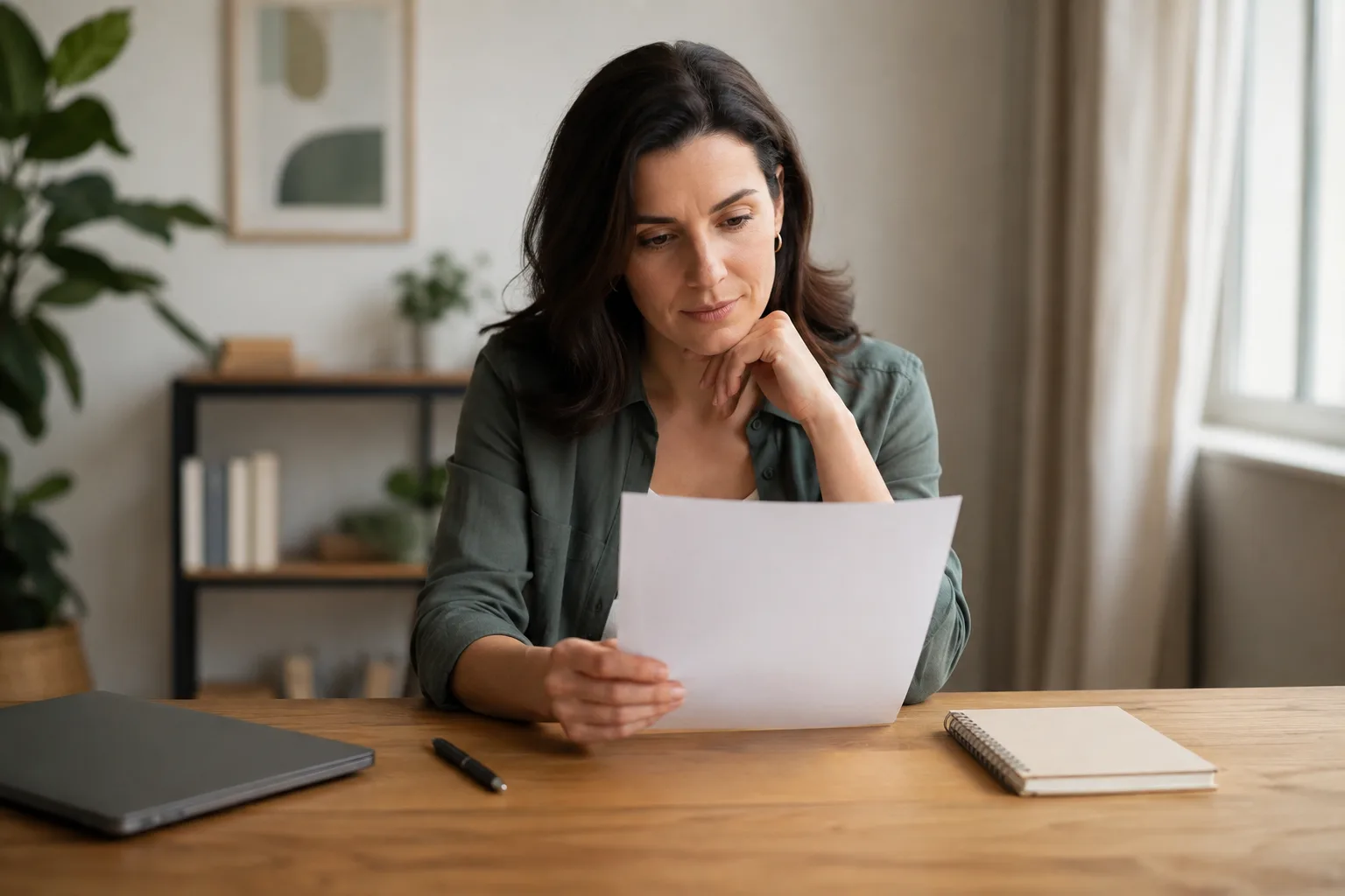 A professional woman thoughtfully reviews a written job offer at a bright desk