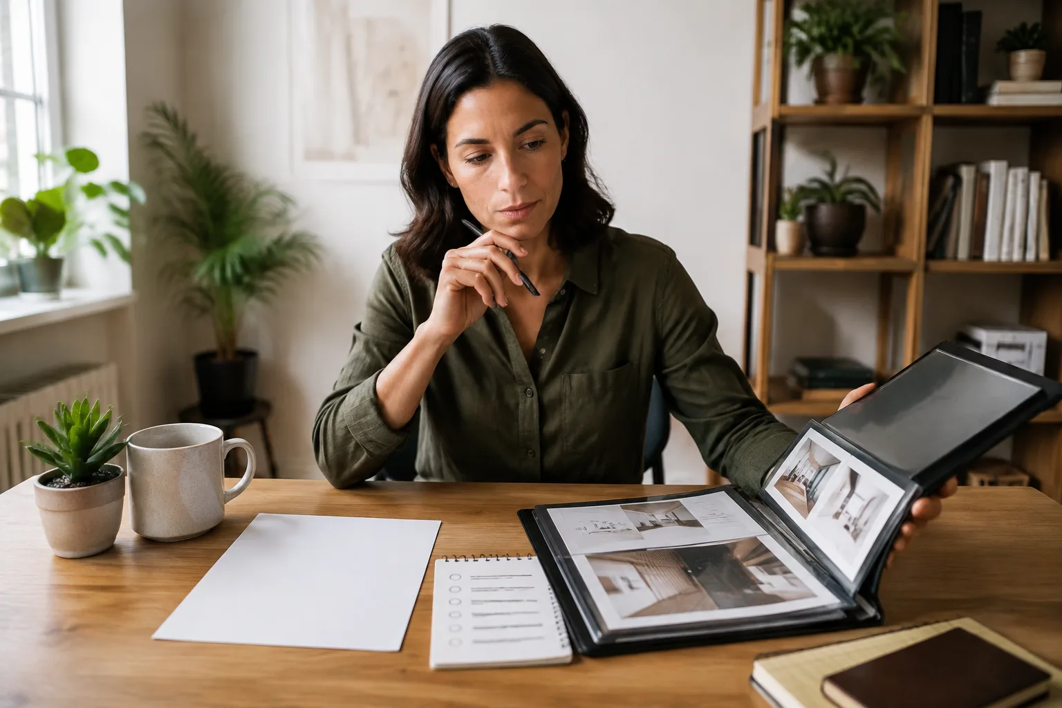 A professional compares a blank job description with concrete work samples in a portfolio