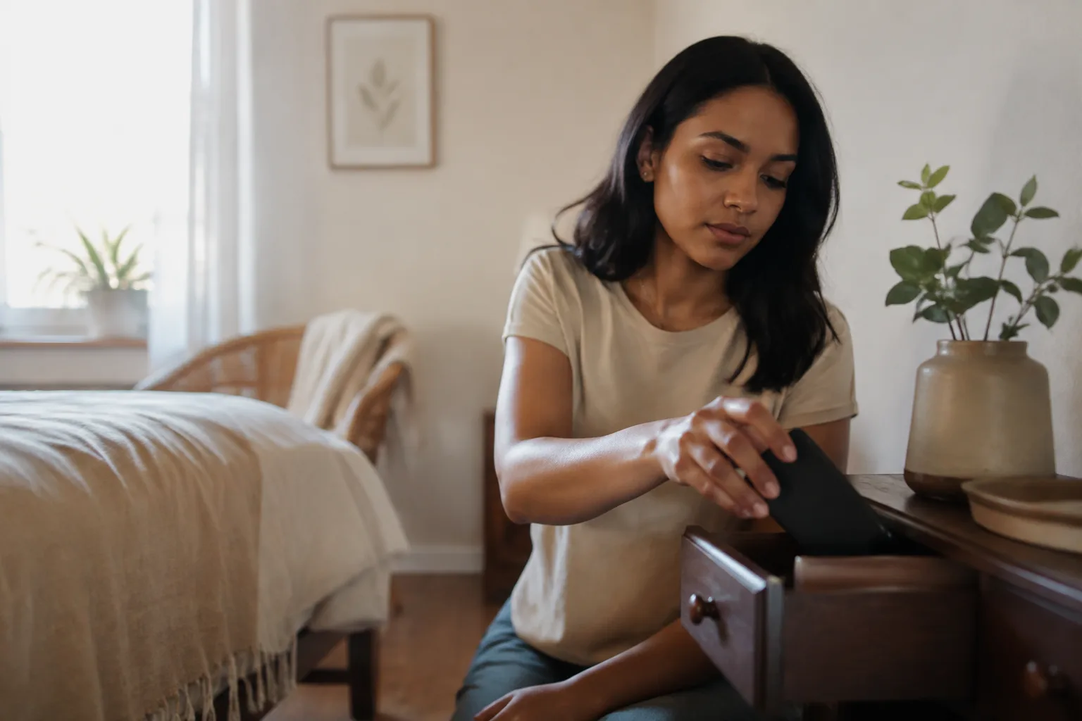 A woman calmly puts her phone into a bedside drawer to protect a no-contact boundary