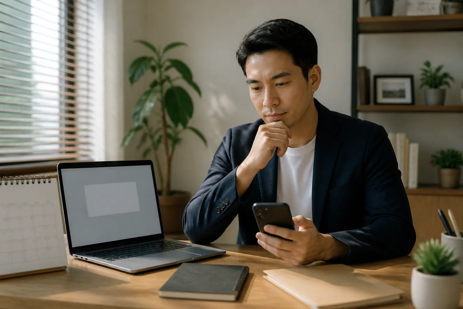 A candidate prepares a concise interview follow-up beside a simple calendar and closed notes