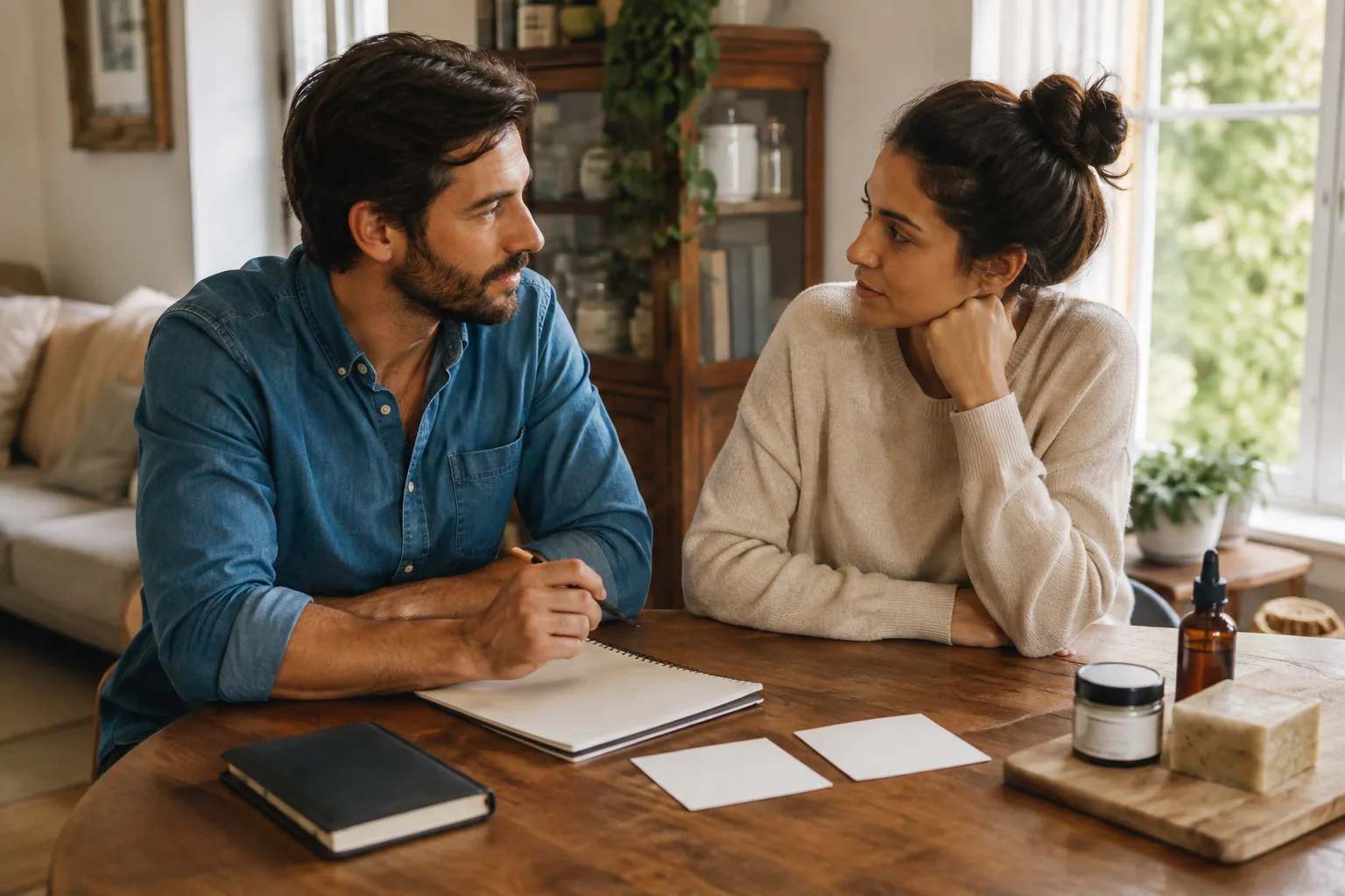 A married couple calmly discusses business roles and a product idea at their home table