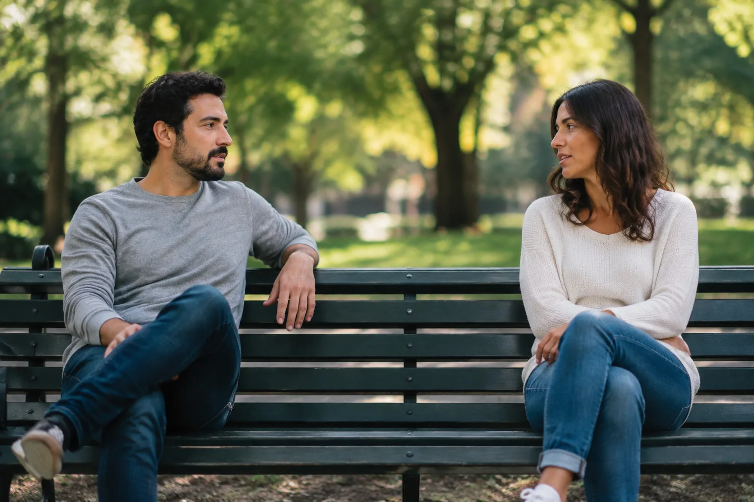 Two adults talking with comfortable space between them on a park bench