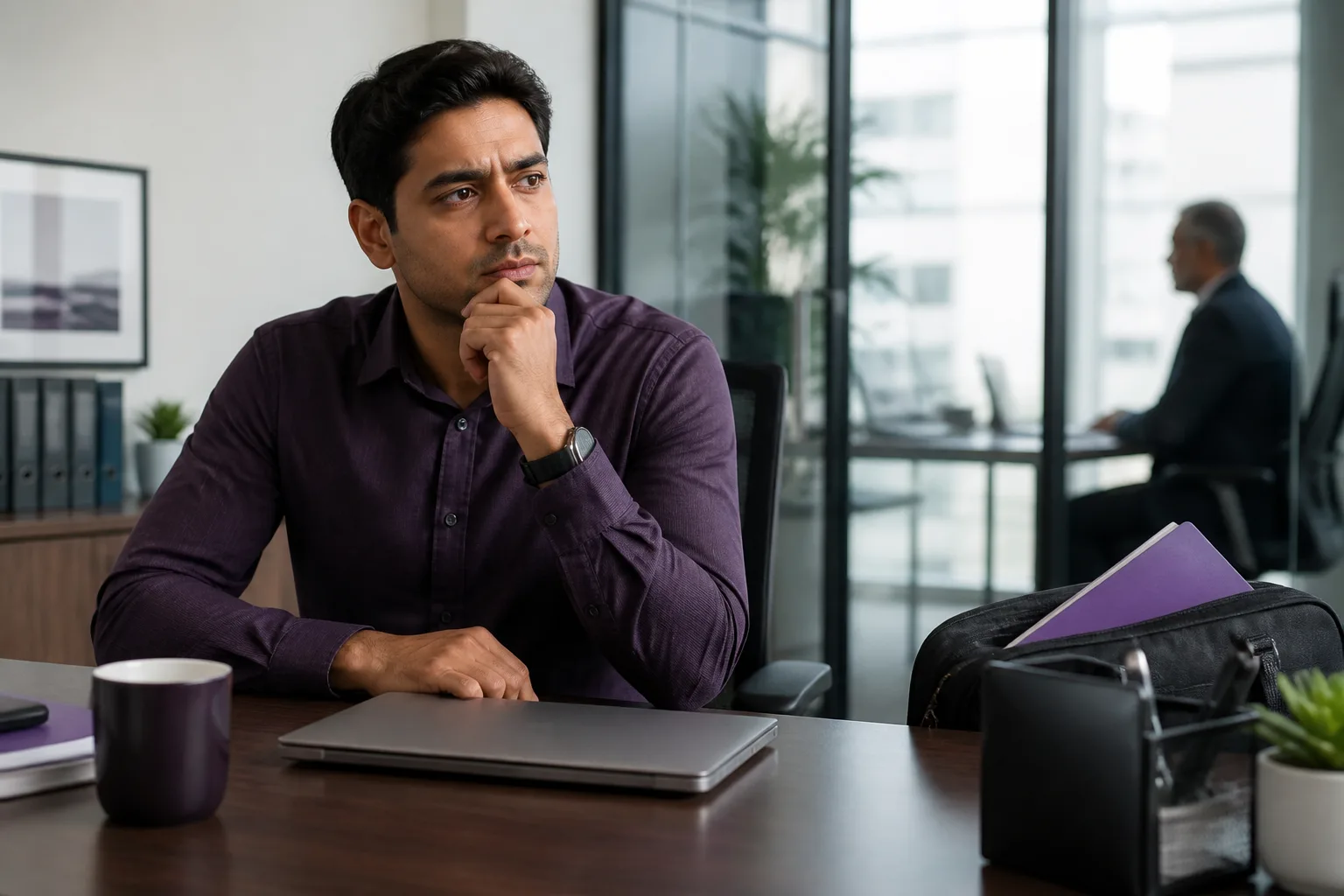 An employee considers whether to discuss a private interview folder with a nearby manager