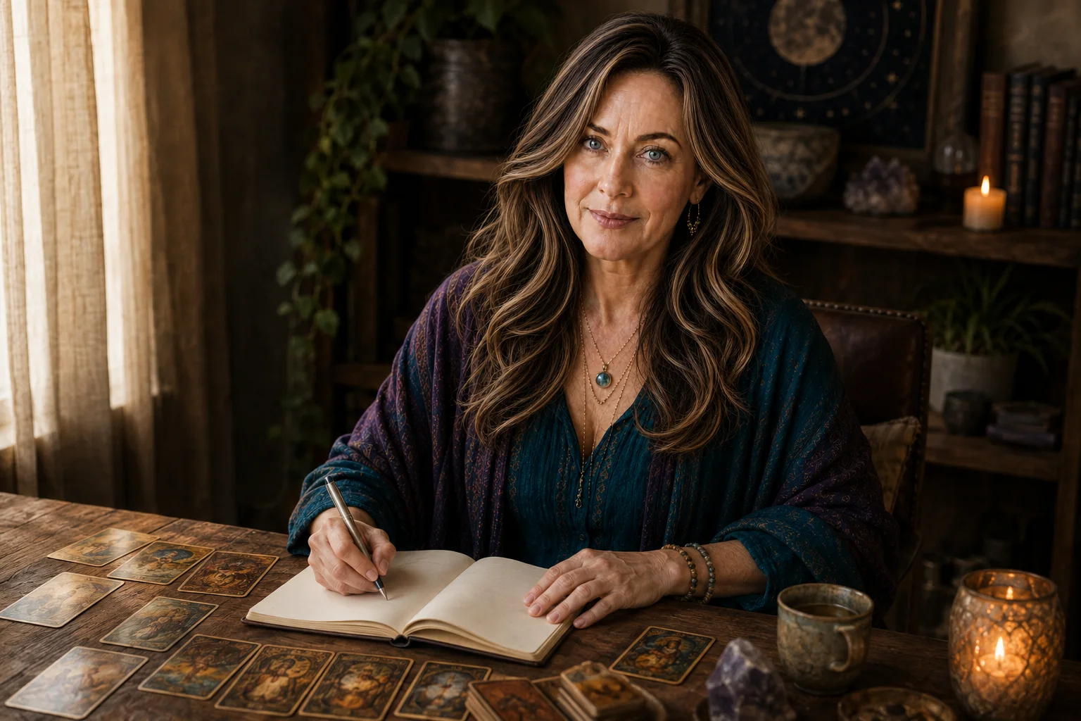 Maria writing in an open notebook beside a tarot spread at her reading table