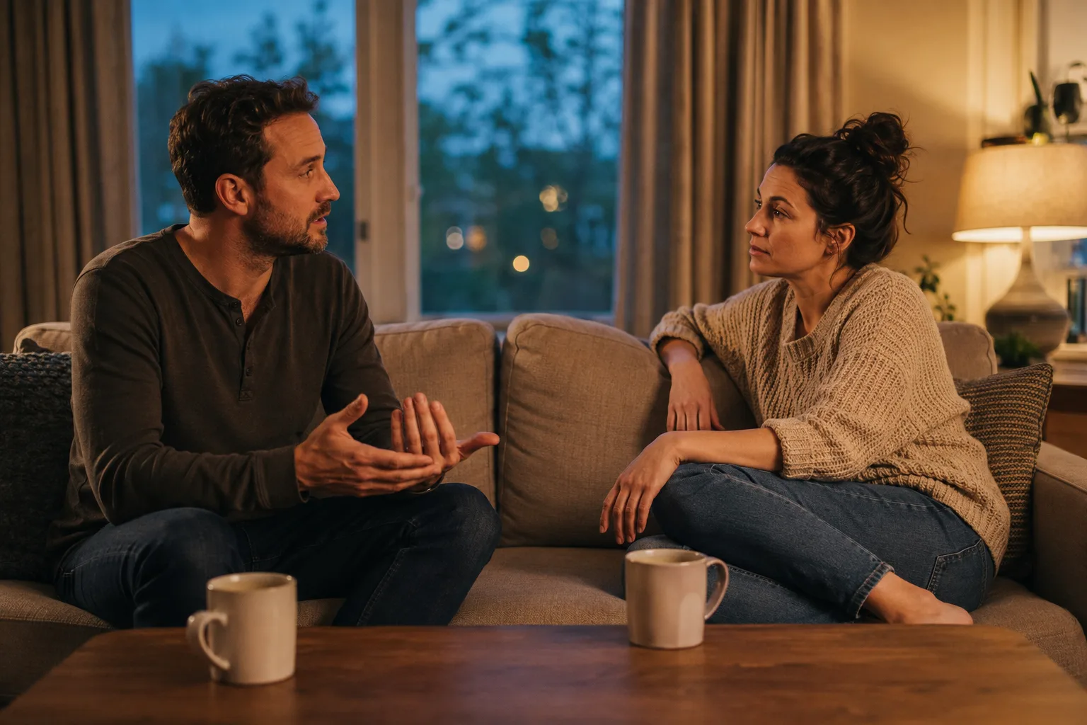 A fully clothed couple discusses different intimacy needs calmly from opposite ends of a sofa