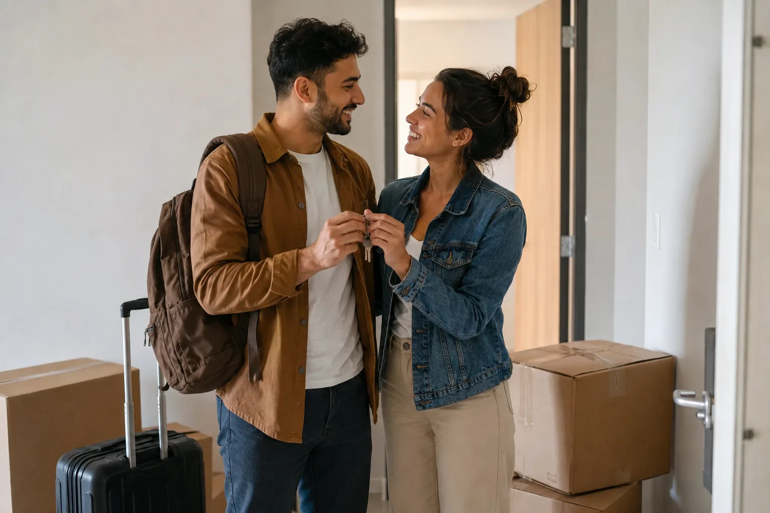 Long-distance partners share an apartment key as they begin living in the same city