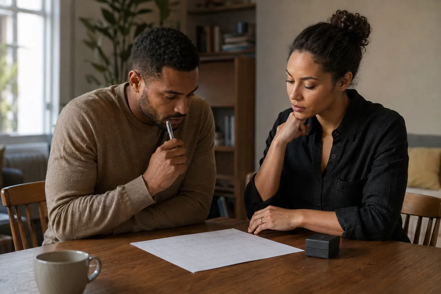 A couple discusses an engagement timeline beside a blank calendar and closed ring box