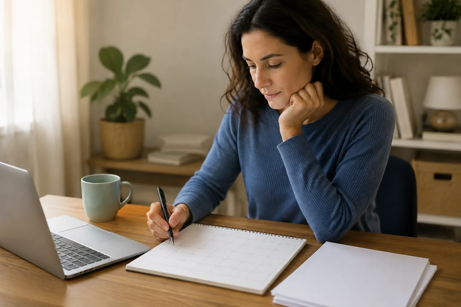 A job seeker plans applications beside a blank calendar at a bright home desk