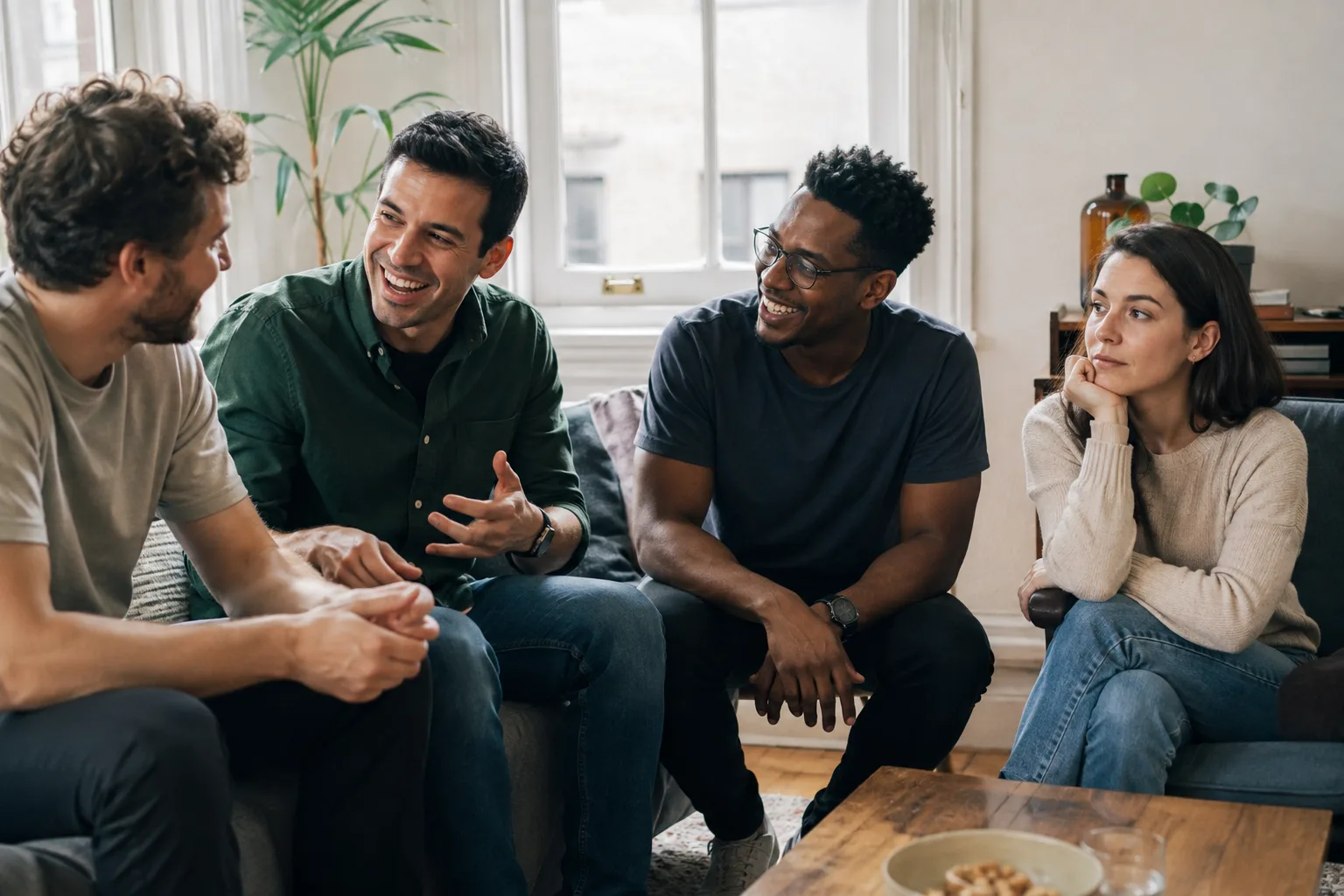 A woman reflects while her partner talks with friends at a relaxed gathering