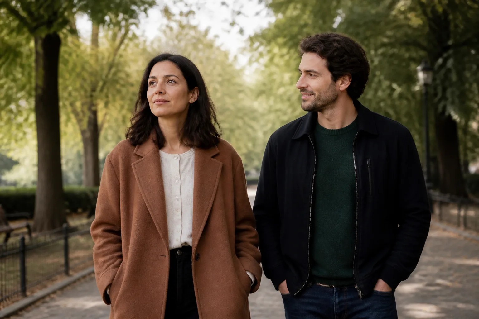 A woman looking thoughtful while walking beside a smiling companion in a leafy park